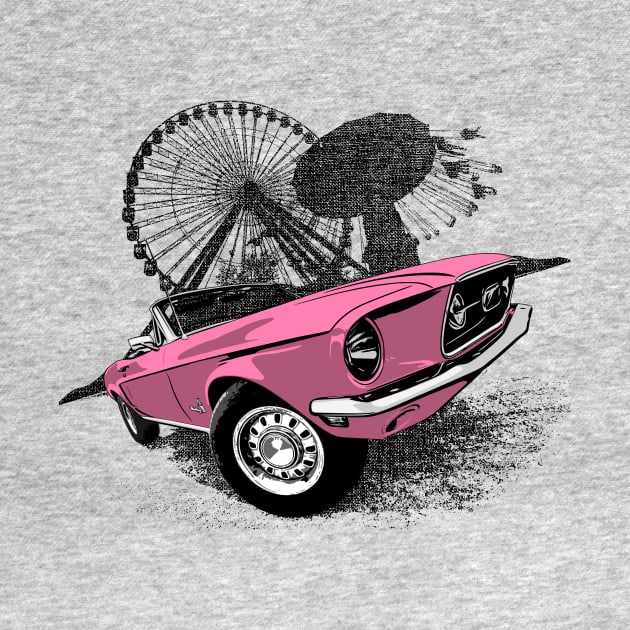 Pink 68 Mustang convertible against carnival backdrop by ZoeysGarage